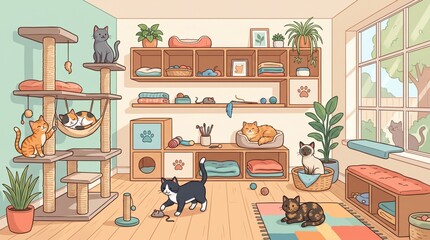 Plakat cats playing and resting in a cozy modern living room interior