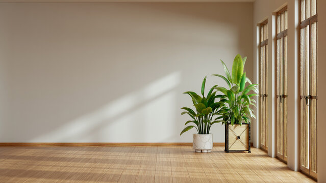 Empty room interior background with blank white wall mockup, wooden floor, and large green potted plants by the window- 3D rendering