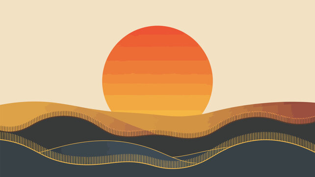 Tranquil wavy landscape featuring rolling hills under a beautiful gradient sunset sky
