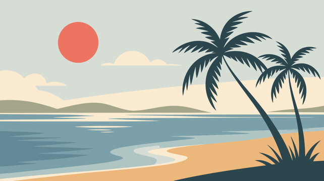 Tropical beach landscape with palm trees under a calm sky and setting red sun