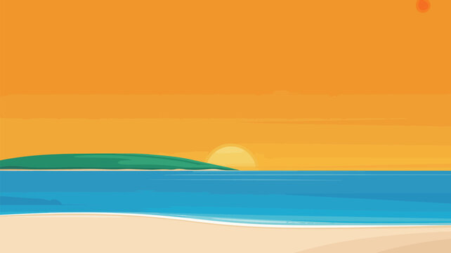 Tropical beach scene at sunset with calm ocean and small island horizon