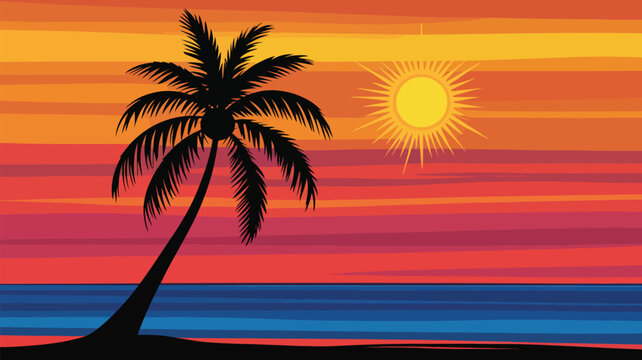 Tropical palm tree silhouette with vibrant sunset sky over calm ocean water