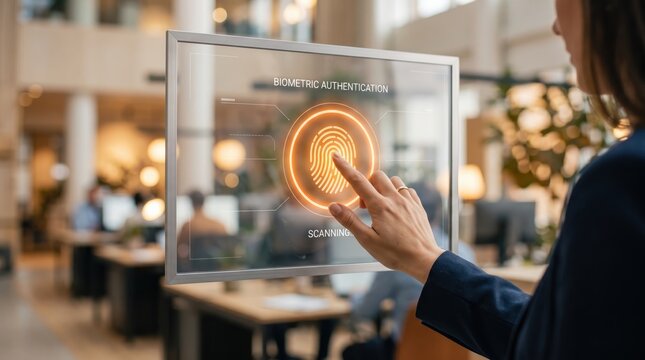 Close-up of a woman's hand touching a futuristic transparent glass screen displaying a glowing orange fingerprint scan for biometric authentication and security verification