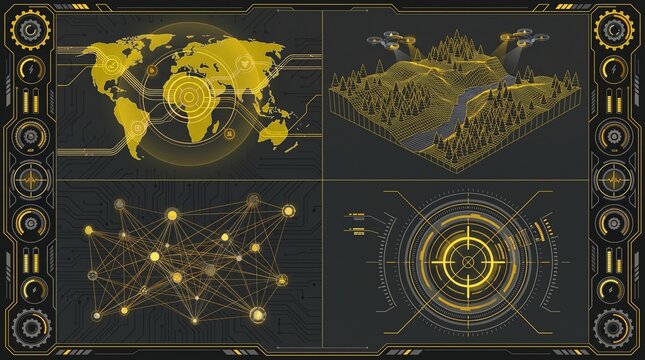 High Tech Strategic Military Mission Control HUD Multi Panel Display featuring 3D Topographic Wireframe Forest Valley Mesh with Complex Network Node Maps and Drone Tracking Reticle Interface