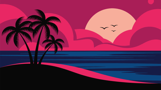 Tropical palm trees silhouetted against a dramatic pink sunset sky, calm ocean, and large sun