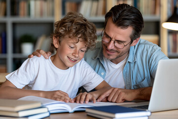 Obraz premium Warm light glows softly across the room. Father rests his hand on his son's shoulder. The boy smiles, eyes fixed on the open book. They study together at a wooden table