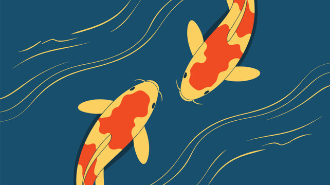 Two orange and cream koi fish swim gracefully in a serene dark blue pond