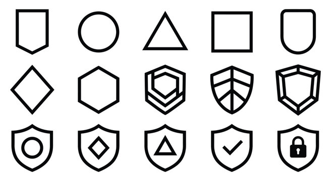 A comprehensive vector illustration set featuring various shield shapes and security icons for modern graphic design projects