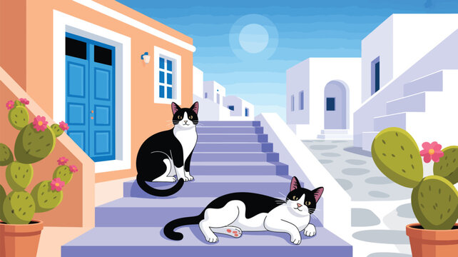 Two playful black and white cats explore a colorful Mediterranean town staircase