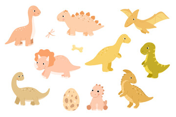 Cute cartoon dinosaur characters in flat vector style. Adorable baby dinos T-rex and triceratops for kids projects and childish nursery designs. Beige and pink isolated illustrations set © Elena
