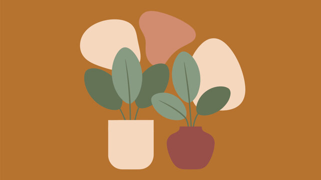 Two potted green plants sit on a warm brown surface with complementary soft organic shapes