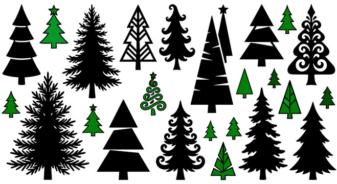 Green Christmas tree icon set mixed simple and decorative styles