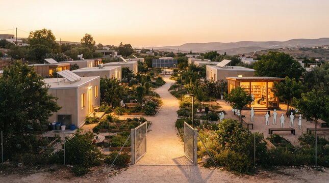 International peace day sustainable ecovillage with modern modular homes, solar panels, and community gardens at sunset