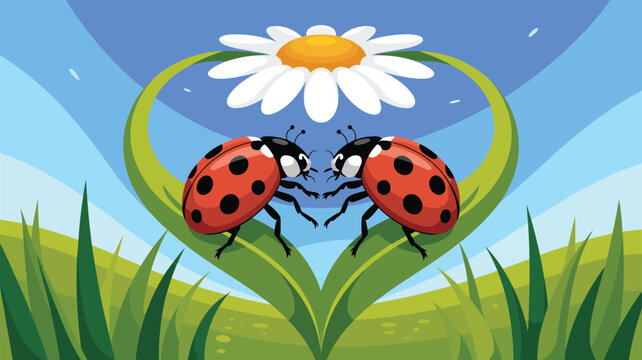 Two red ladybugs on a heart shaped green grass leaf with a white daisy