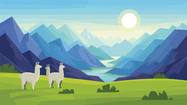 Two tranquil llamas observe a breathtaking mountain landscape with a winding river and bright sun