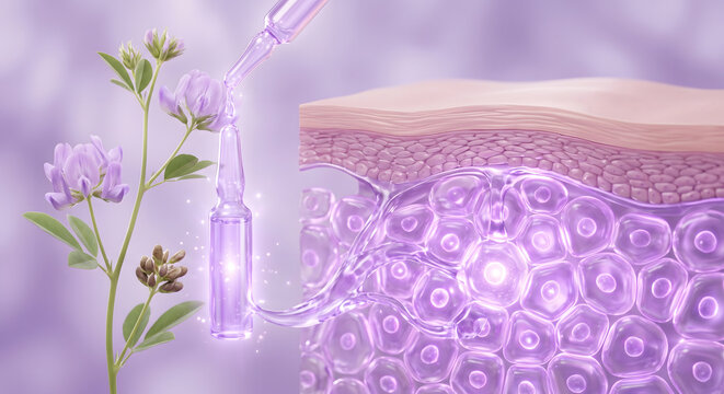 3D medical illustration of purple botanical essence ampoule penetrating and repairing skin cell layers
