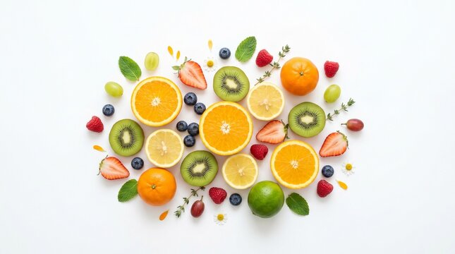 Flat lay of colorful sliced fresh fruits including oranges, kiwis, and berries