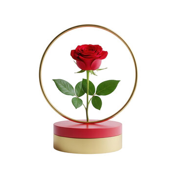 Realistic red rose in a golden circular frame on a minimalist pedestal isolated on a transparent background