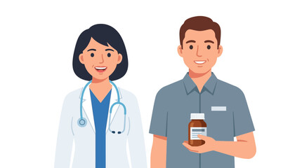 Obraz premium A female doctor and a male patient smiling, with the patient holding a medicine bottle.