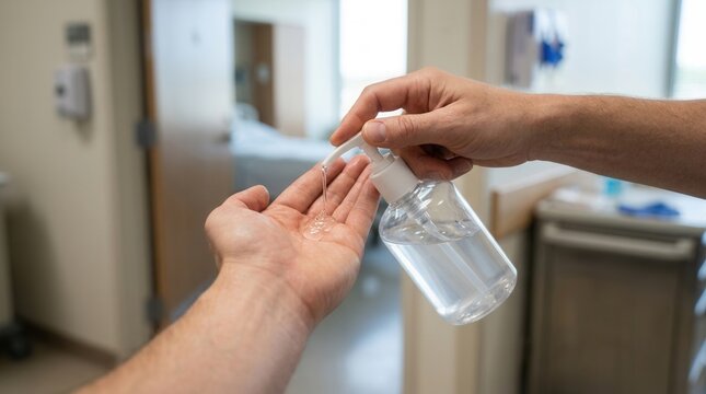 Close-up of hands using hand sanitizer in a hospital room, promoting hygiene and cleanliness
