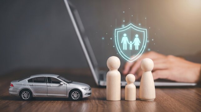 Family life insurance concept with wooden figures and car. Digital shield protection icon for health and auto coverage. Online insurance services.