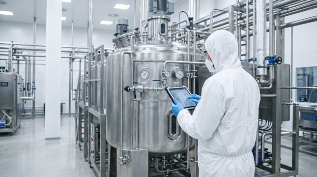 Worker in white protective cleanroom suit and mask using tablet computer to monitor stainless steel bioreactor tanks in pharmaceutical factory, representing industrial automation