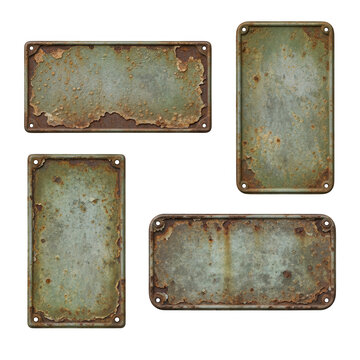 Collection of four weathered metal signs with rust texture isolated on transparent background for industrial design