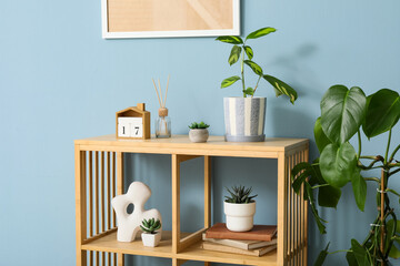 Interior design and home decor, wooden shelf with houseplants and accessories against a blue wall for modern living room styling and lifestyle © Pixel-Shot