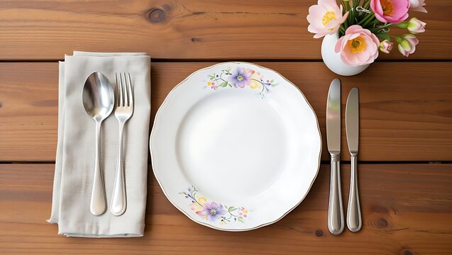 A white plate setting with cutlery, napkin, and a small vase of pink and purple flowers.