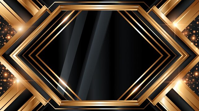 Ornate geometric design featuring gold lines and sparkling particles on a dark background.