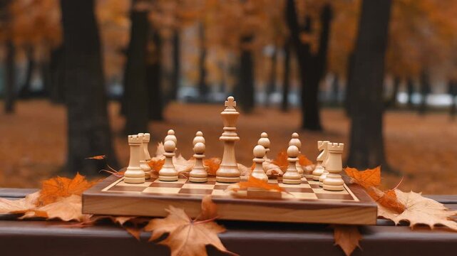 Chess Board on a Bench with Autumn Leaves