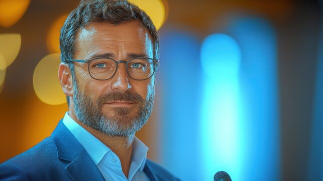 A confident male speaker presents insights at a corporate business conference in an engaging atmosphere