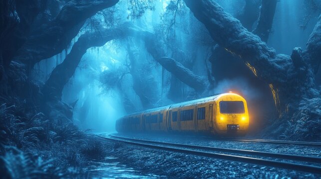 A modern yellow train travels through a haunting forest filled with twisted, eerie trees under a misty atmosphere