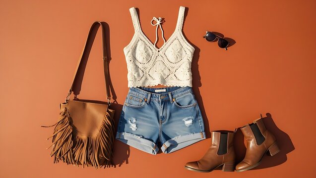 A trendy summer ensemble including a handmade crochet top, distressed denim shorts, leather boots, a fringed bag, and sunglasses, is ready for adventure.