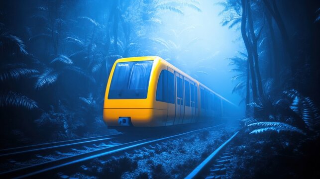 A modern yellow train travels through a haunting forest filled with twisted, eerie trees under a misty atmosphere