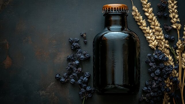 Dark beer bottle with elegant design and wax-sealed cap alongside golden wheat ears on a textured concrete background