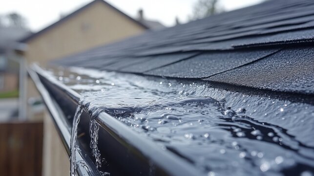 Rainwater drainage system detail with a close-up view of a gutter and pipe on a private house during a rainfall