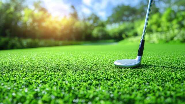 A golf cart is prominently featured on a lush green golf course, surrounded by gentle hills under a bright sky, indicating a perfect afternoon for golfing.