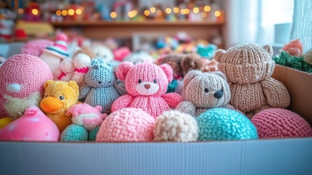 This toy box displays a variety of plush toys, including a bear, colorful animals, and vibrant accessories, all set in a cheerful playroom environment.