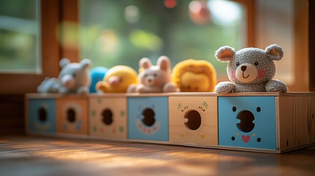 A white box overflowing with plush toys including teddy bears and gentle animals, set in a warm and inviting children's room with soft lighting.