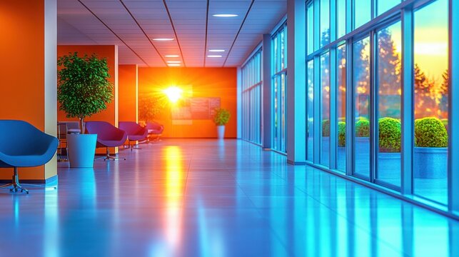 Modern bright office interior showcasing sleek furniture and abundant daylight, enhancing productivity and comfort during working hours