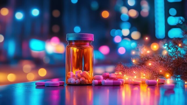 Pills and bottles arranged on a table against a vibrant digital medical background illuminated by colorful lights