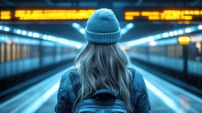 A woman with long hair in a knitted beanie waits at the train platform, backpack ready for her journey in a vibrant urban environment