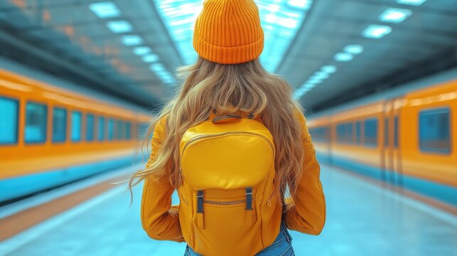 Woman with long hair and knitted beanie waiting at a train platform with a yellow backpack under bright station lights