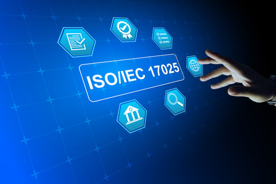 ISO IEC 17025 Laboratory management concept with businessman reach to touch testing and calibration laboratory standards to approve test result or instrument calibration