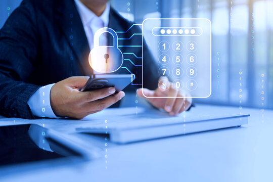 cyber security password concept with businessman using a smartphone for two-factor authentication with a virtual numeric keypad and lock icon