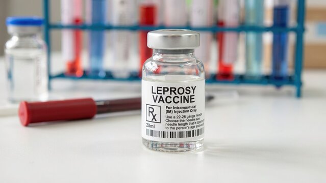 Leprosy vaccine vial with medical equipment and test tubes in research laboratory immunization healthcare