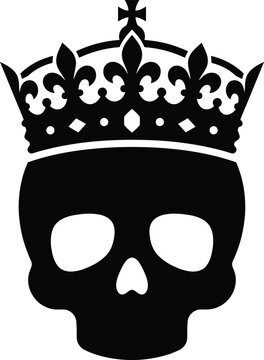 Black silhouette illustration of a human skull wearing royal crown