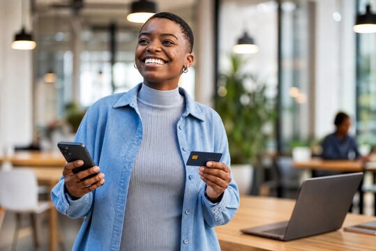Smiling African woman holding credit card and smartphone. Happy black female using mobile banking in office. Online shopping and digital payment concept.