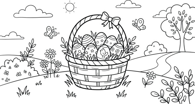 A delightful springtime scene featuring a woven basket brimming with colorful easter eggs among blossoming flowers and lush greenery